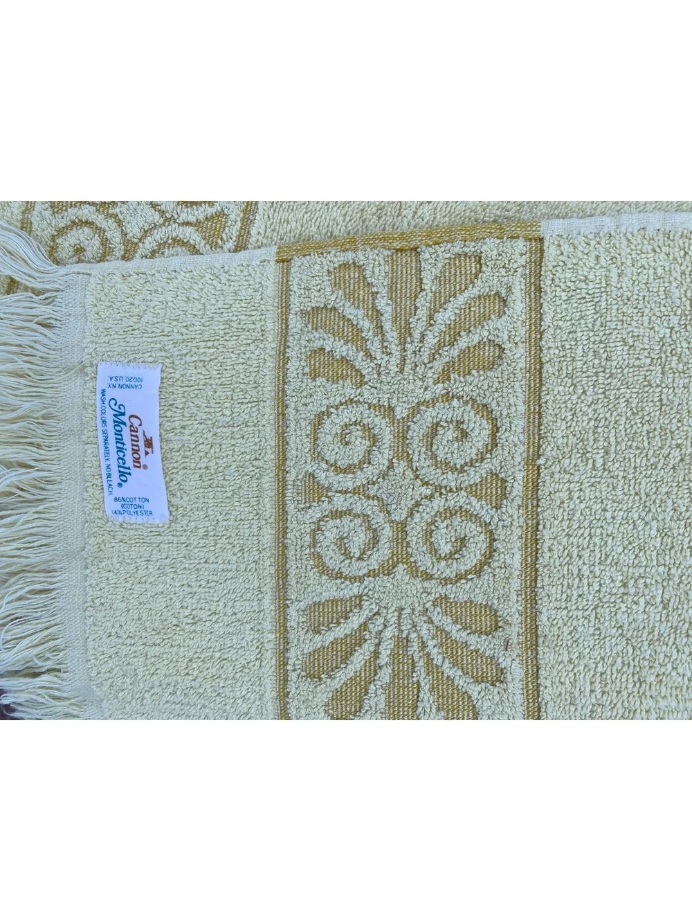 Vintage midcentury cannon monticello sculpted fringed butter yellow hand towel